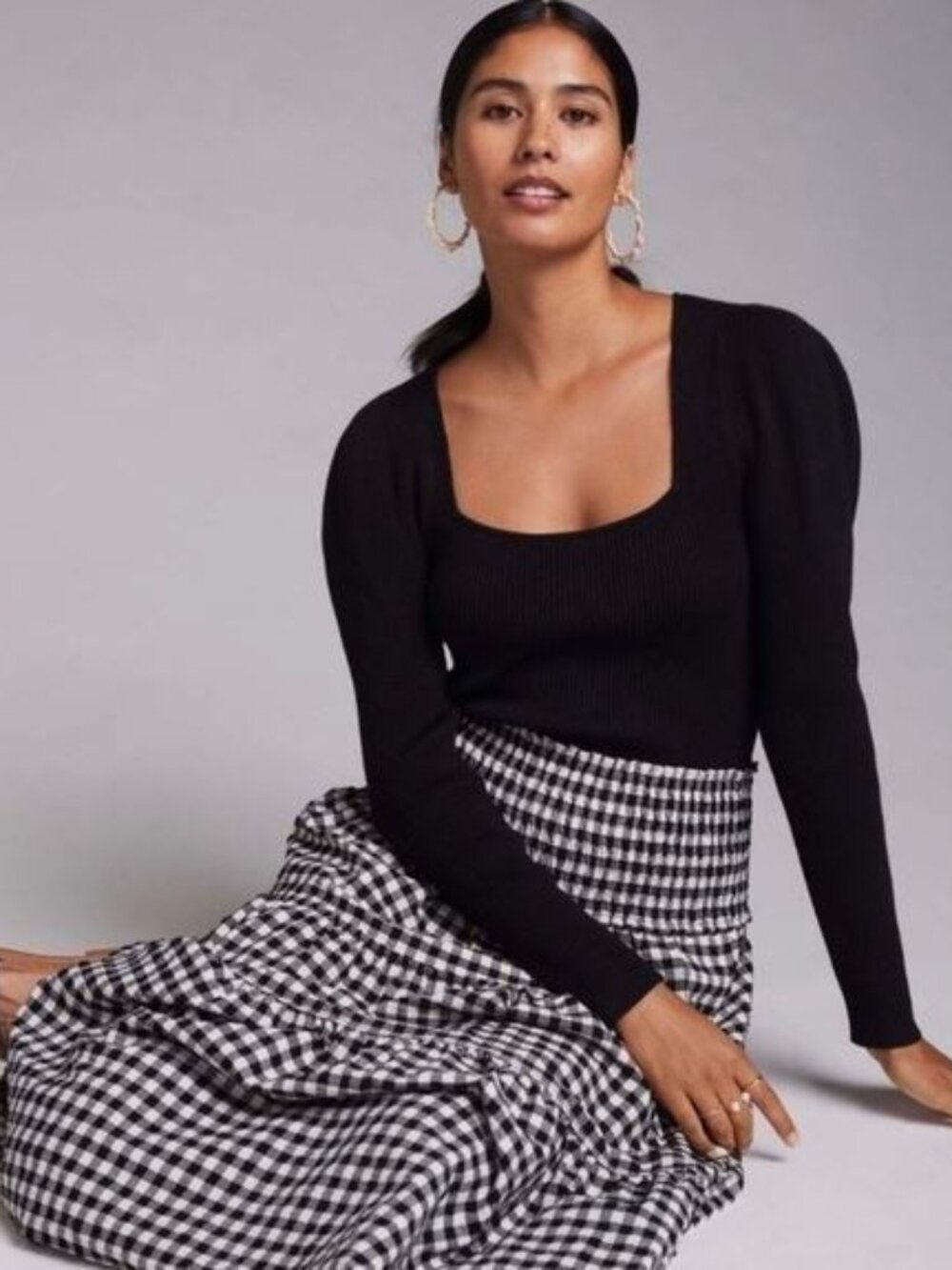 Anthropologie | Maeve Black Square Neck Ribbed Long Sleeve Sweater | Size Medium
